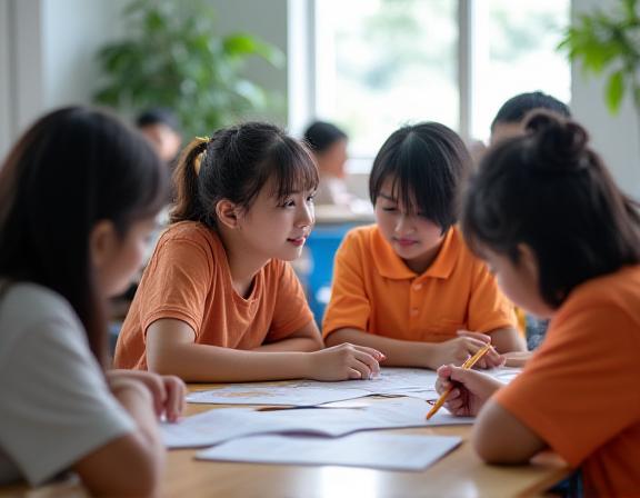 Students receiving math tutoring support in a community center in Singapore